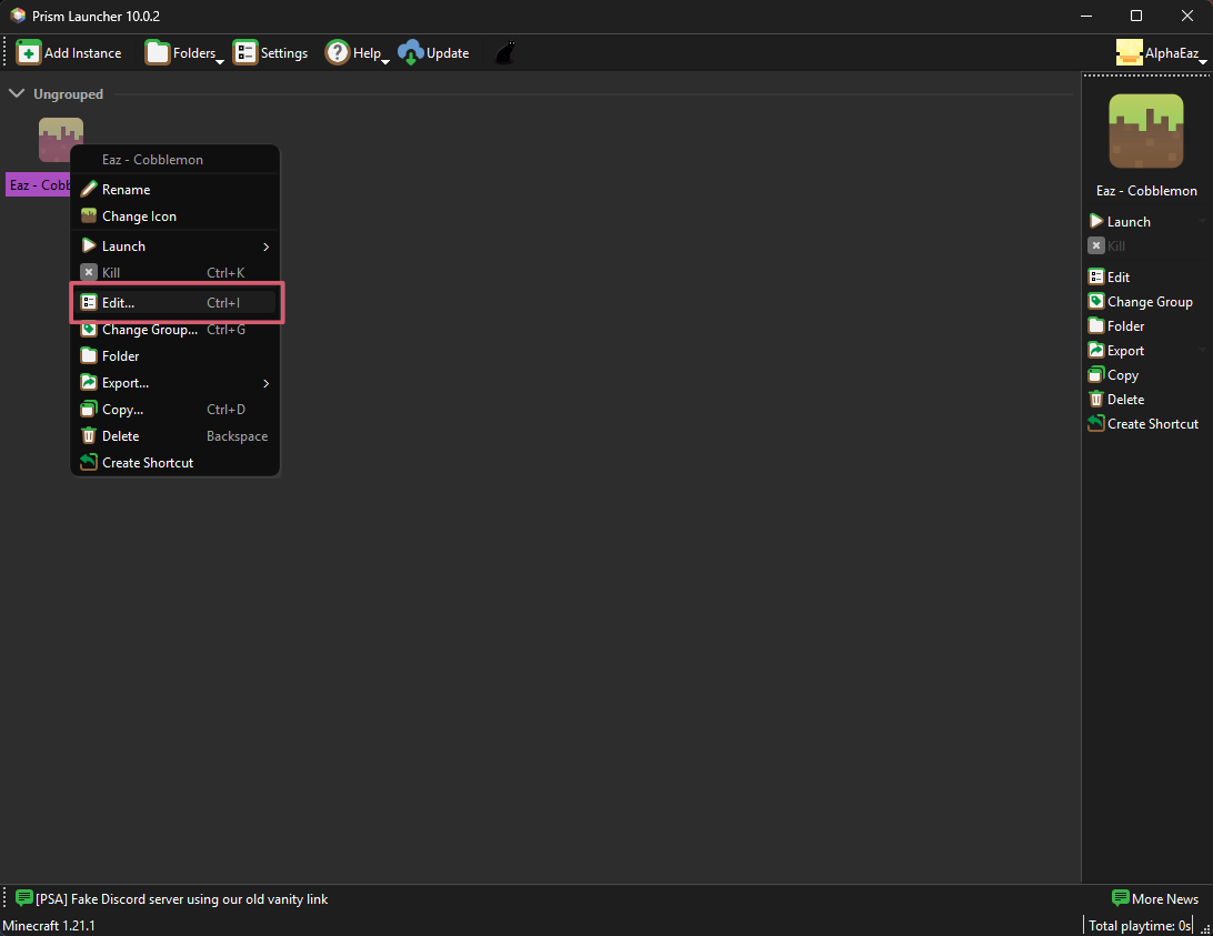 Menu contextuel Edit dans Prism Launcher
