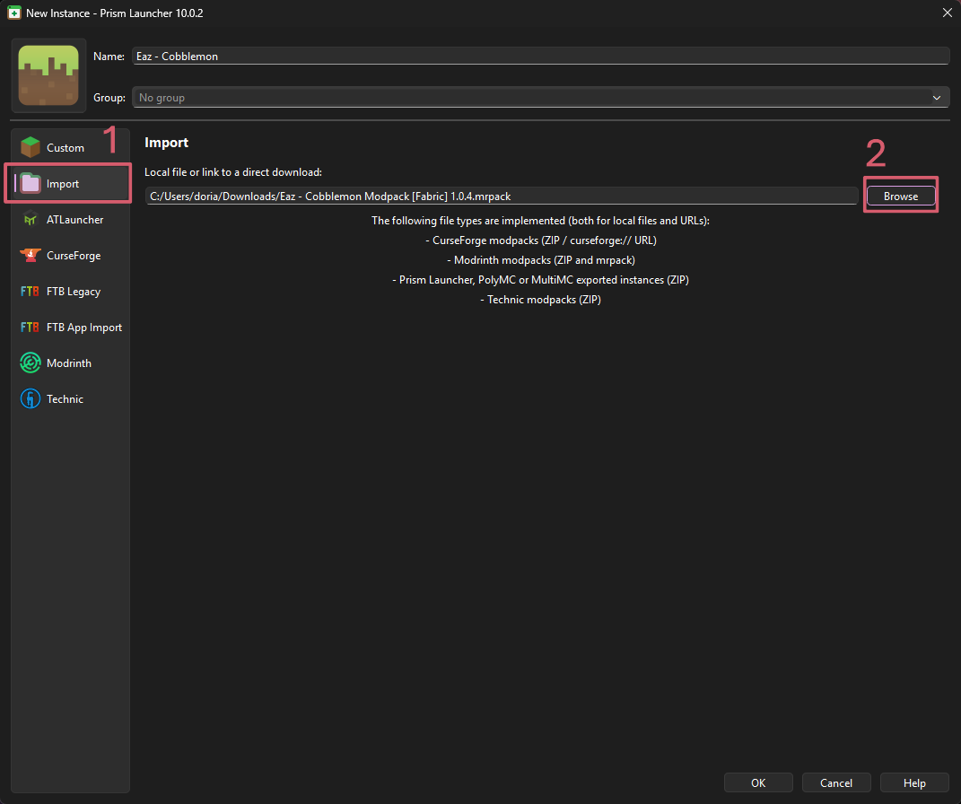 Import du modpack dans Prism Launcher