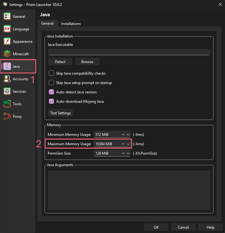 Configuration mémoire Java dans Prism Launcher