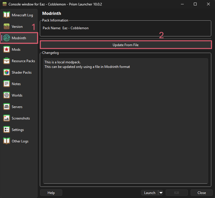 Update From File dans Prism Launcher
